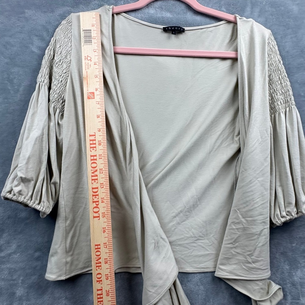 Theory Womens Beige Cotton Smocked Shoulder Tie Front Wrap Top Size Large - Picture 11 of 12